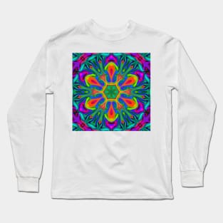 Psychedelic Hippie Flower Orange Teal and Purple Long Sleeve T-Shirt